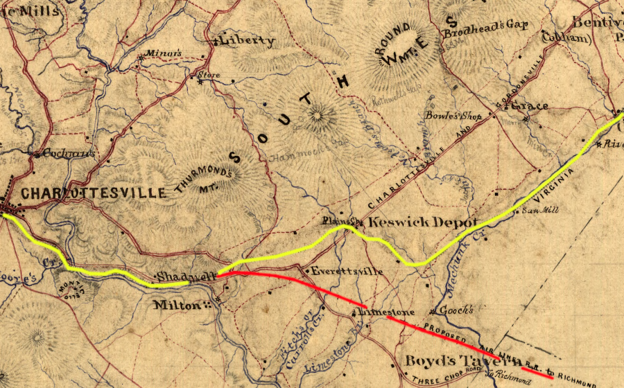 a Richmond-Charlottesville railroad (red), like many other proposals, was never built