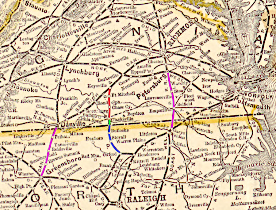 the Richmond and Mecklenburg Railroad (red), Clarksville and North Carolina Railroad (green), and Oxford and Clarksville Railroad (blue) created an alternative to other railroads linking North Carolina to Richmond/Petersburg (purple)