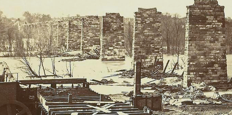 the Richmond and Petersburg Railroad bridge over the James River was burned by Confederates on the evening of April 3, 1865 after Richmond was evacuated