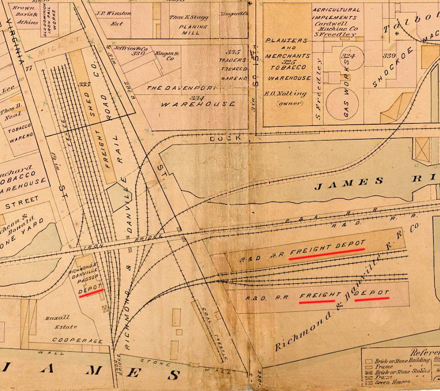 the Richmond and Danville Railroad's passenger and freight depots in 1889, on 14th Street next to the Turning Basin in Richmond