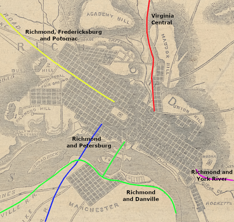 at the start of the Civil War, five railroads lacked a connection between their terminals in Richmond