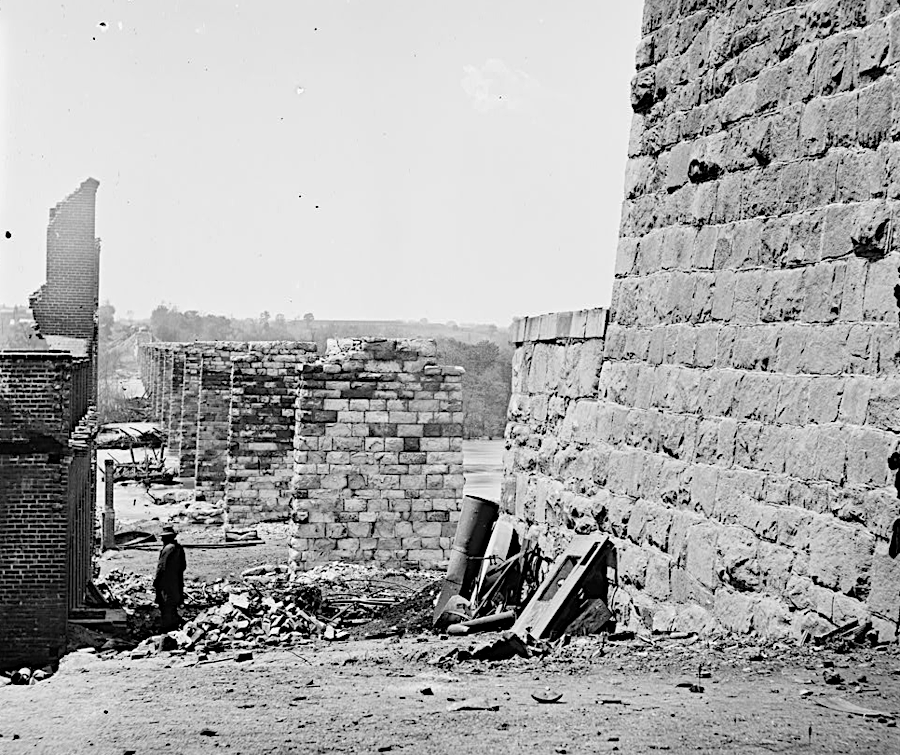 the Richmond and Petersburg Railroad bridge over the James River was destroyed in the evacuation fire on the night of April 2, 1865