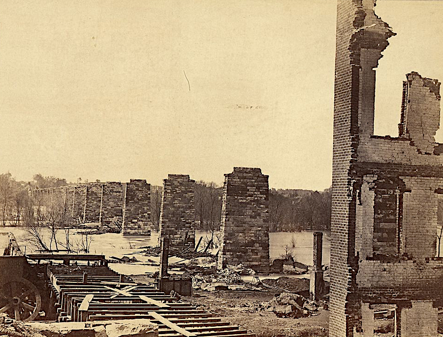 the Richmond and Petersburg Railroad bridge over the James River was destroyed in the evacuation fire on the night of April 2, 1865