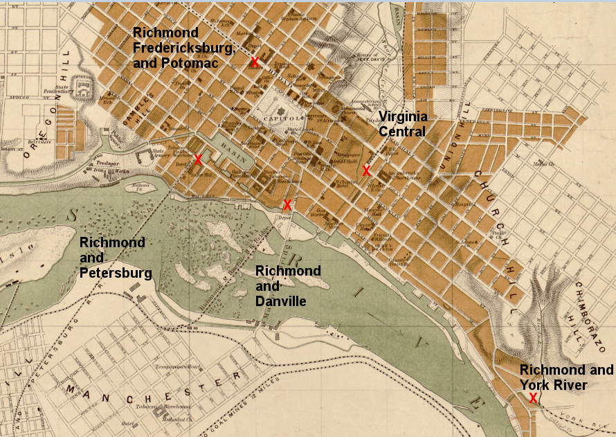 the five railroads that served Richmond in 1861 were not connected - each one had a separate terminal, so wagons carried cargo and passengers between them