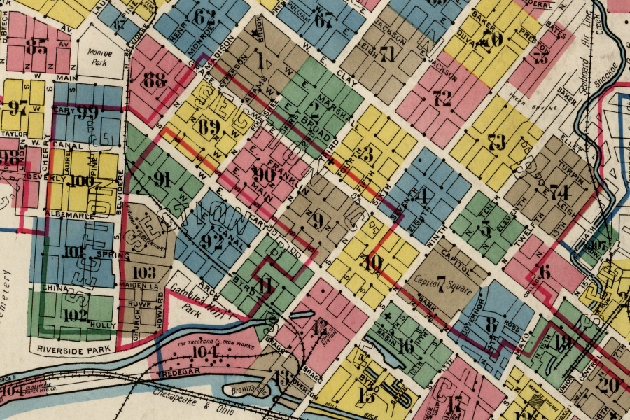 in 1905, the tracks of the Richmond, Fredericksburg and Potomac (RF&P) Railroad still used Belvidere and Byrd streets