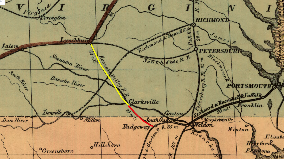 in 1851, the Roanoke Valley Railroad envisioned building north to Lynchburg  (yellow) as well as south to Manson (red)