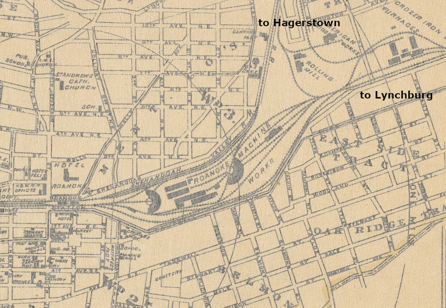 Roanoke rail layout, before contruction of the Roanoke & Southern Railway