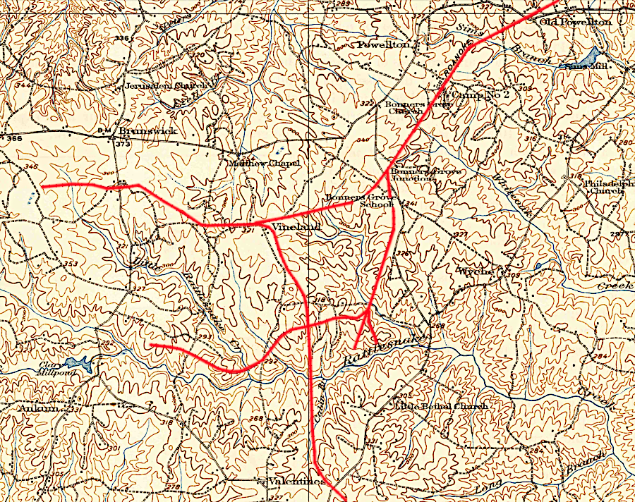 the Camp Manufacturing Company built the Roanoke Railway through Brunswick County, with links to the Southern Railway at Racume, VA and the Seaboard Air Line at Thelma, NC