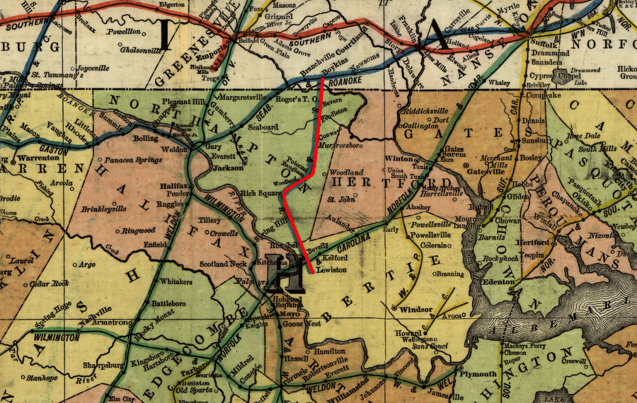 the Roanoke & Tar River Railroad was built as a branch line of the  Seaboard & Roanoke Railroad, and it provided a connection to the Norfolk & Carolina Railroad