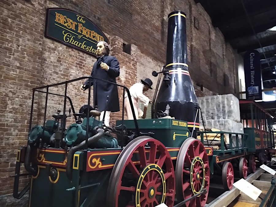 the South Carolina State Museum exhibits a reconstruction of the Best Friend of Charleston, the first wood-burning locomotive in the United States