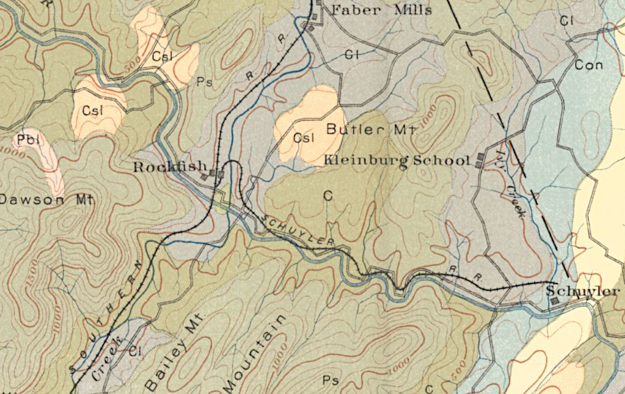 the electrified Schuyler Railway ran from the quarries to the Rockfish River, then upstream to the Rockfish depot of the Southern Railway