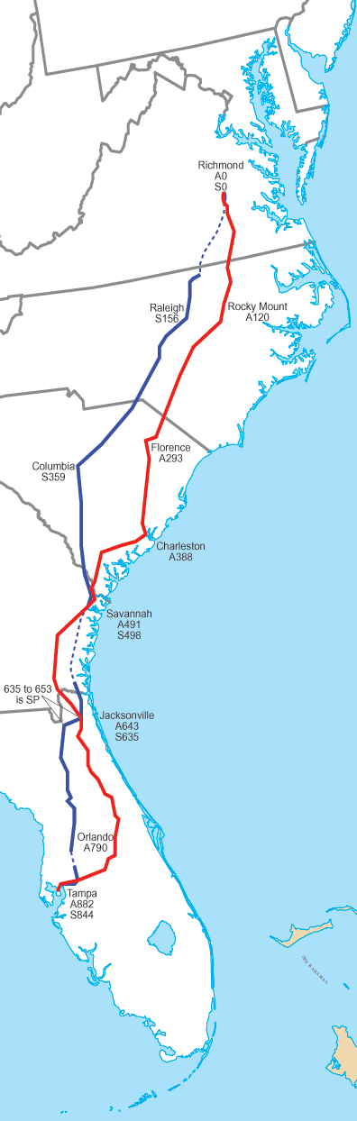 the Seaboard Coast Line inherited track of the Seaboard Air Line (blue) and Atlantic Coast Line (red)