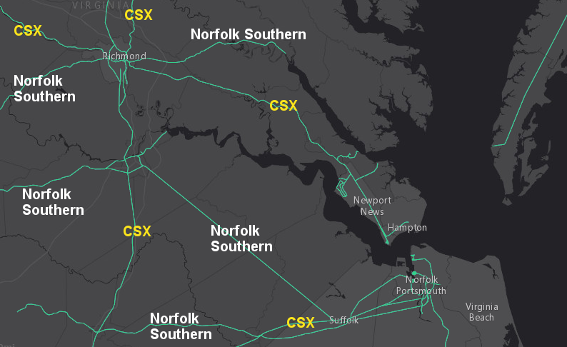 Amtrak uses CSX tracks to reach Newport News, and Norfolk Southern tracks to get from Petersburg to Norfolk