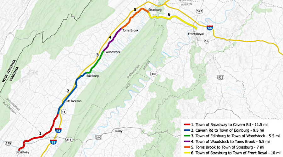 potential segments of the Shenandoah Valley Rail Trail between Broadway and Front Royal