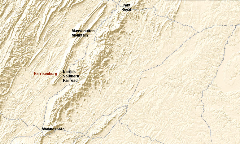 the Norfolk Southern track in the Shenandoah Valley is located east of Massanutten Mountain, linking Front Royal with Waynesboro - not on the western side of Massanutten through Harrisonburg - because iron furnaces in the Page Valley were expected to provide business for the original Shenandoah Valley Railroad