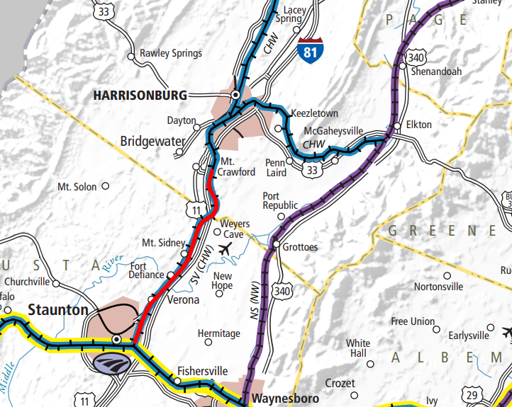 the Shenandoah Valley Railroad now runs from Pleasant Valley to Staunton (red line)