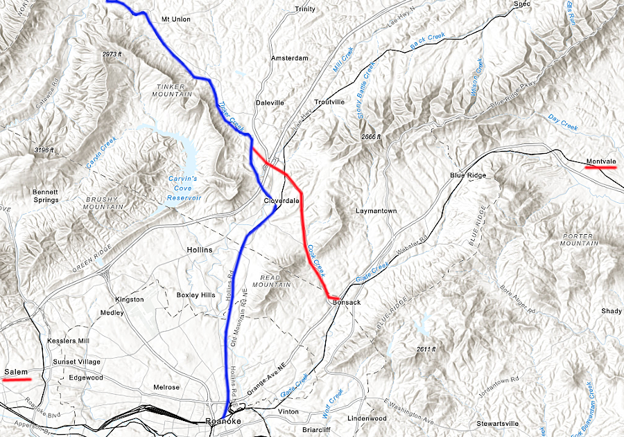 the Shenandoah Valley Railroad (blue) could have built to Bonsack (red), but Salem was too far west and Montvale was on the east side of the Blue Ridge
