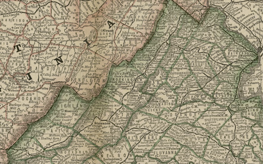 in 1879, the Shenandoah Valley had rail connections north to Baltimore and west to the Ohio River, while two railroads crossed the Blue Ridge to Alexandria and Richmond