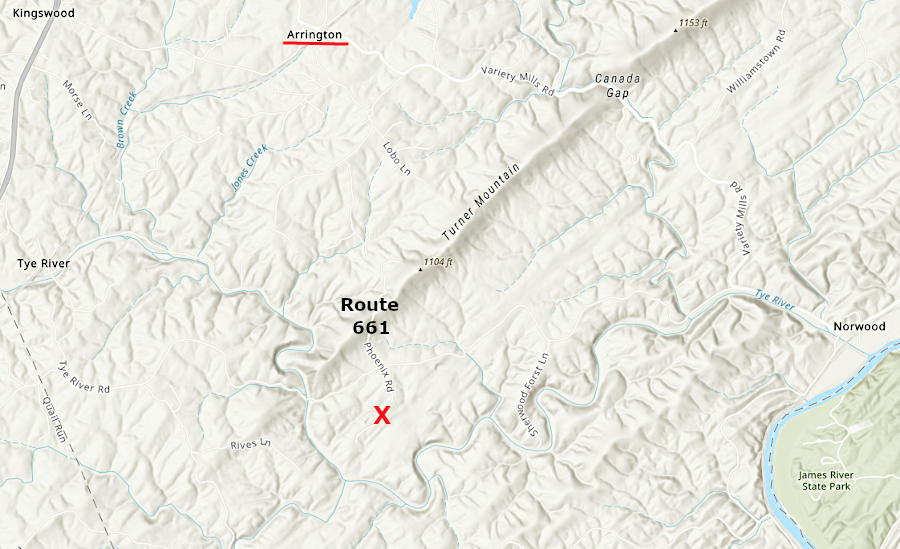 to move soapstone from the mill (red X), the Phoenix Soapstone Company used wagons to get over Turner Mountain and reach the Arrington depot
