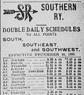 the Southern Railroad offered passenger service from Norfolk to Danville in 1899, over the leased Atlantic and Danville Railway tracks