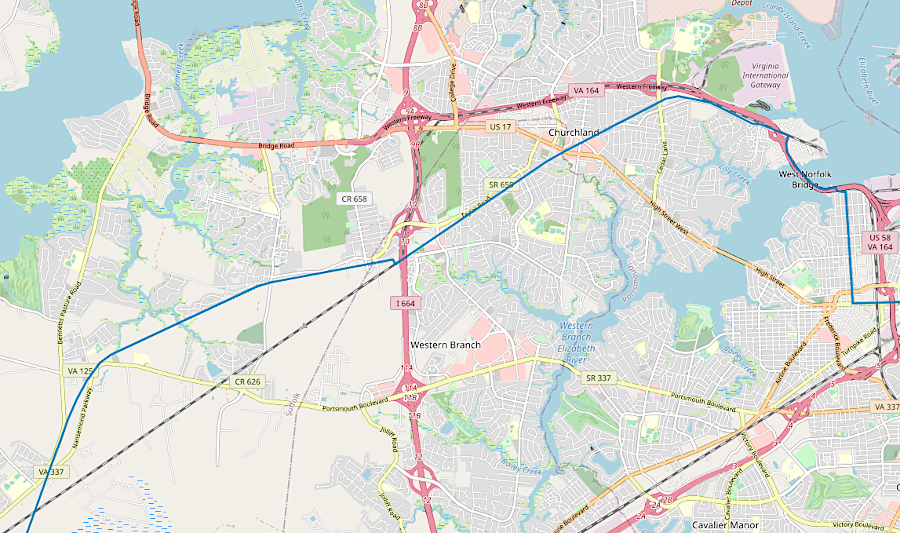 the 41-mile South Hampton Roads Trail (blue line) extends from the Atlantic Ocean to Suffolk, and includes the abandoned portion of the Commonwealth Railway