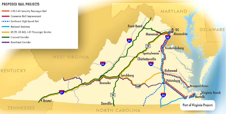 only a few sections of Virginia (Appalachian Plateau, Northern Neck, Eastern Shore) are not expected to receive state funding for rail infrastructure upgrades