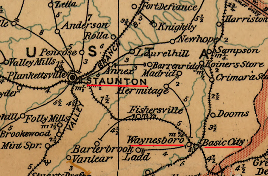 Staunton and Waynesboro/Basic City each had two railroad connections in 1896