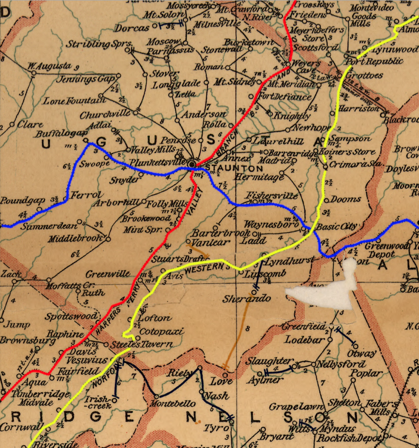 three railroads serviced the Shenanoah Valley in 1896 - Baltimore and Ohio (red), Norfolk and Western (yellow), and Chesapeake and Ohio (blue)