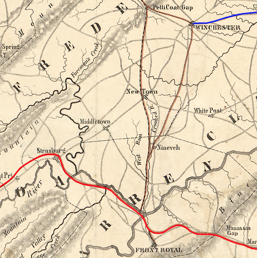 no railroad was built before the Civil War to connect the Winchester and Potomac Railroad (blue) with the Manassas Gap Railroad (red)