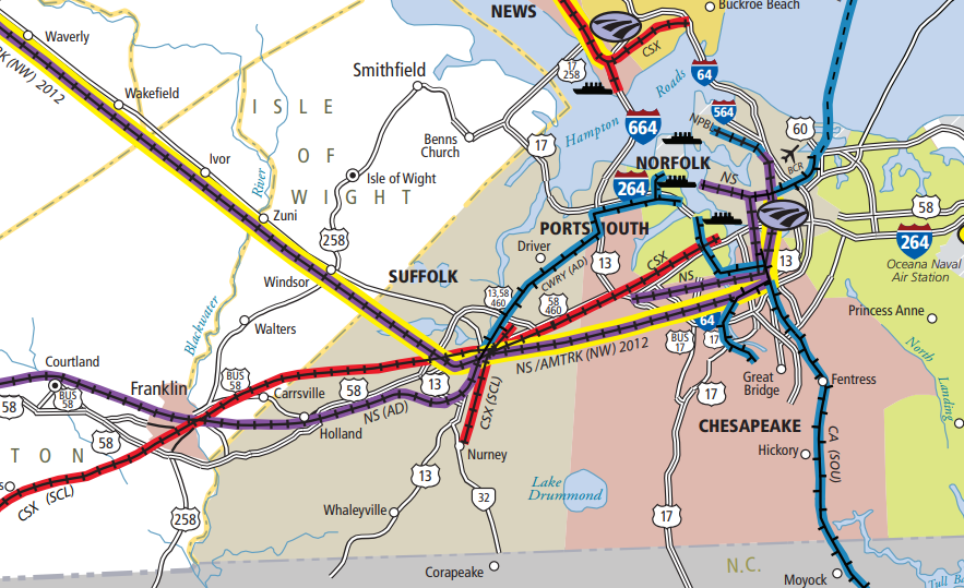 CSX still uses a tiny piece of the Suffolk & Carolina Railway route for a branch line south of Suffolk