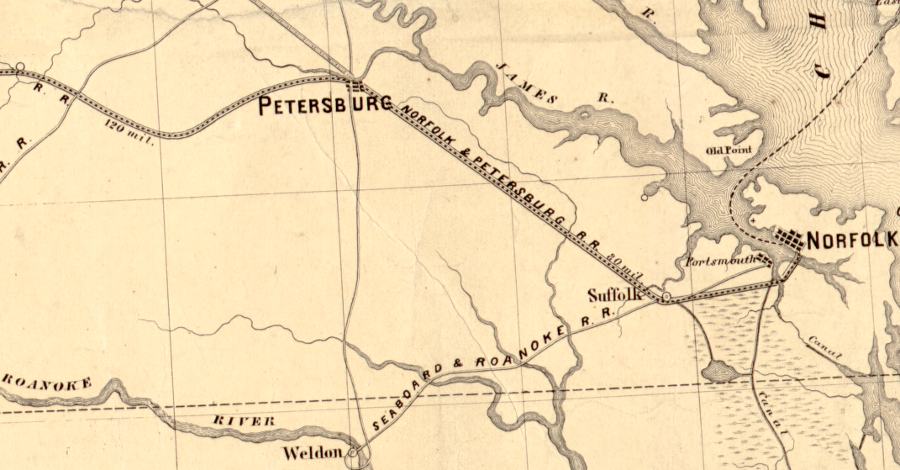 the Seaboard and Roanoke Railroad brought Roanoke River traffic to Portsmouth, the Norfolk and Petersburg Railroad brought Appomattox River and James River traffic to Norfolk, and the two lines crossed at Suffolk