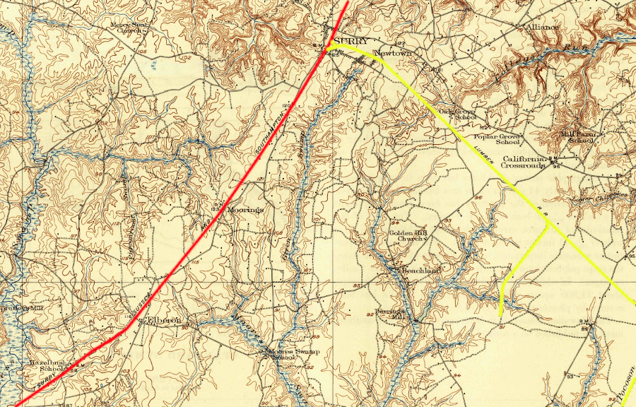branch lines (yellow) of the Surry, Sussex and Southampton Railway (red) brought timber from the woods to the mills at Dendron