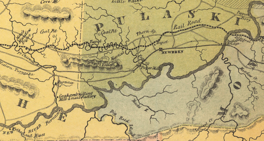 after 1854, railroads linked the New River/Tennessee River valleys with port cities on the Fall Line of the James River (Central Depot at the New River crossing is now the city of Radford)