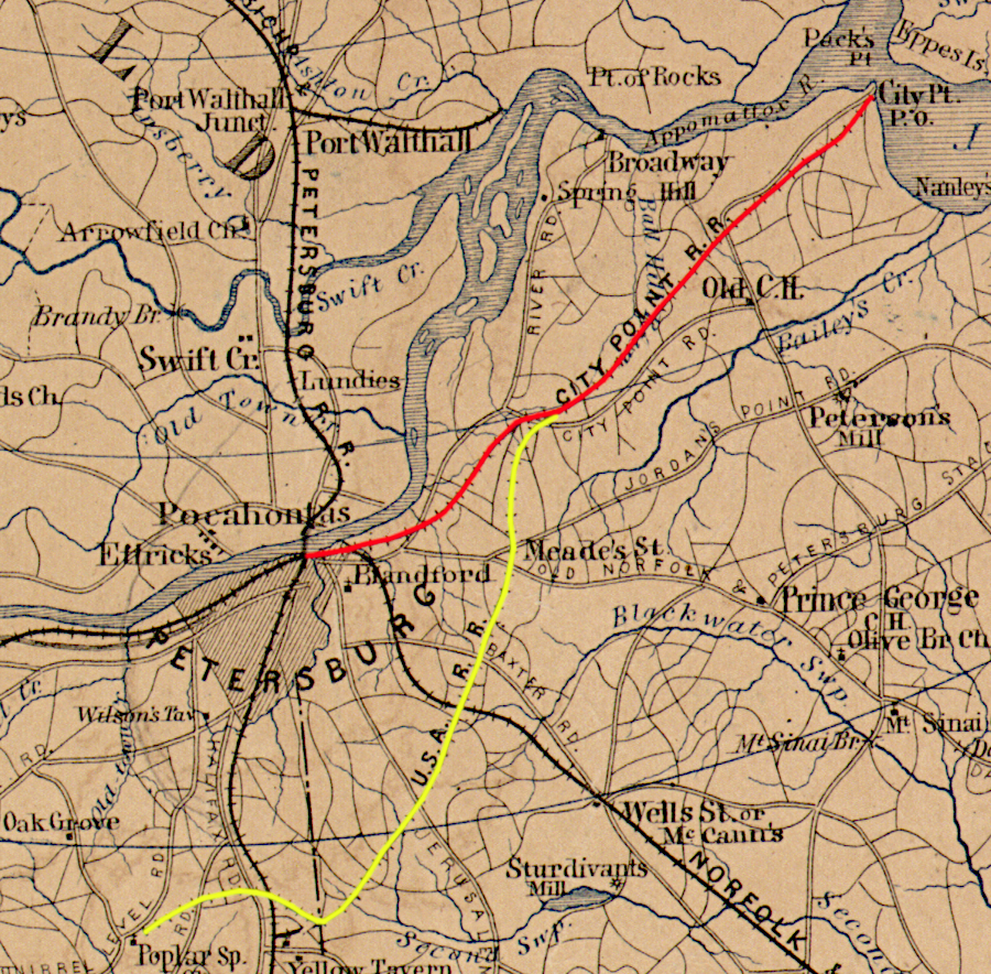 the US Military Railroad extended the City Point Railroad (red), building new track (yellow) outside the Confederate fortifications to supply Union forces during the siege of Petersburg