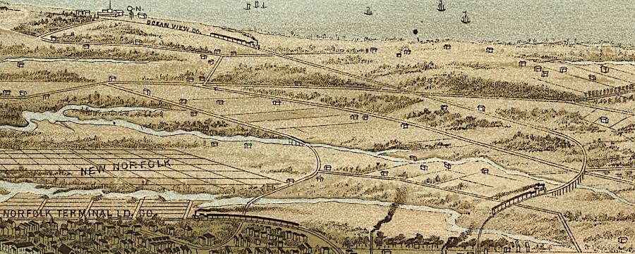 the Norfolk and Ocean View Railroad (red line) carried tourists to an alternative waterfront resort area - Ocean View on the Chesapeake Bay