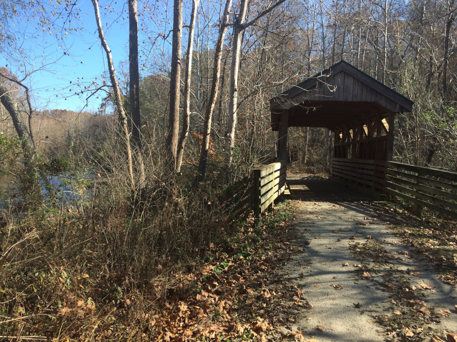 the Virginia Blue Ridge Railway trail includes a covered bridge over Naked Creek, flowing into the Piney River