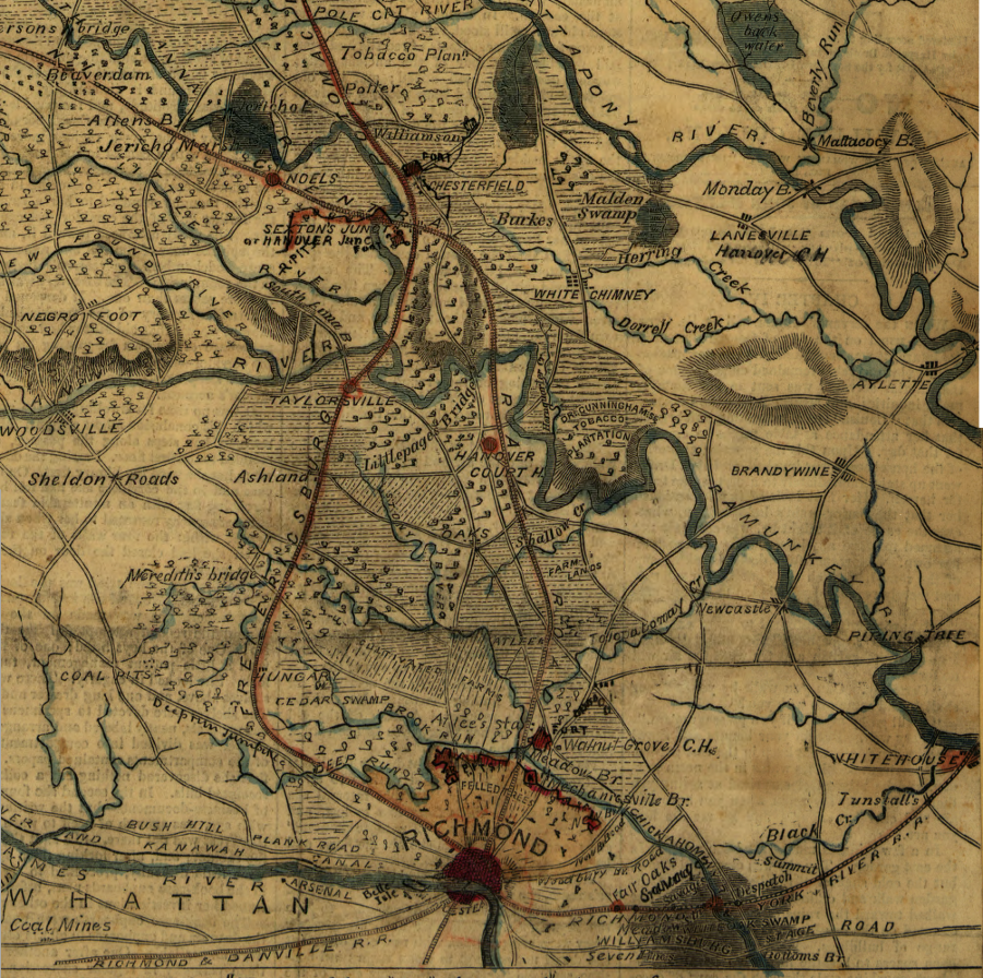 the Richmond, Fredericksburg and Potomac Railroad was unable to block the Virginia Central from building a competing line between Richmond and Hanover Junction (modern Doswell)