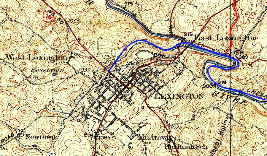 both the Valley Railroad (red) and the Lexington Branch of the Richmond and Alleghany/Chesapeake and Ohio Railroad (blue) served Lexington between 1883-1942