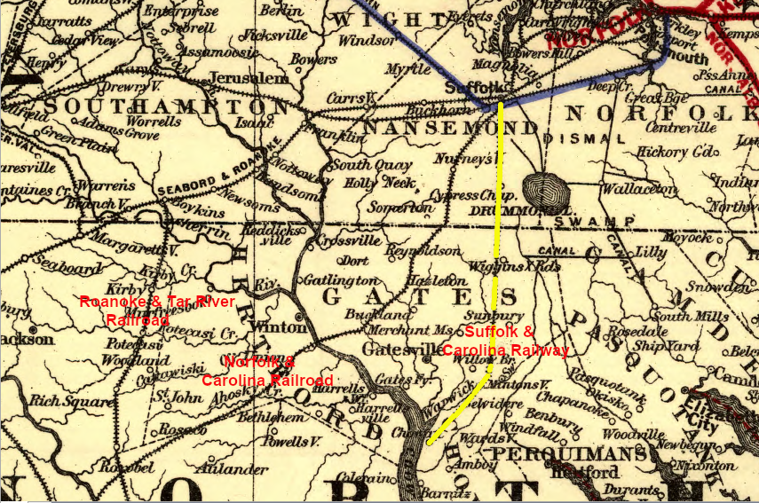the Suffolk & Carolina Railway (yellow) in 1891, with Norfolk & Carolina Railroad to the west