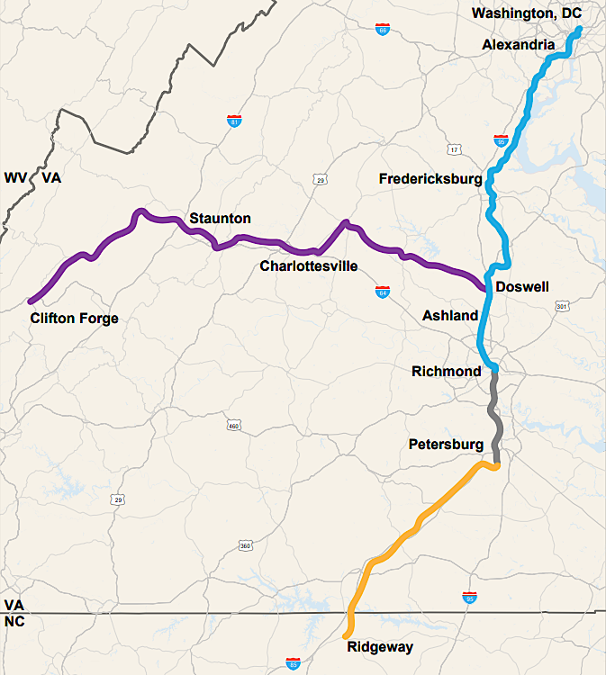 CSX agreed in 2019 to sell the Virginia Central route (purple) to the Commonwealth of Virginia
