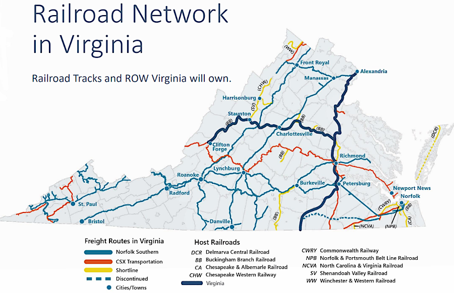 the Transforming Rail in Virginia initiative announced in 2019 eventually included plans for purchase of 384 miles of right-of-way and 223 miles of track from CSX