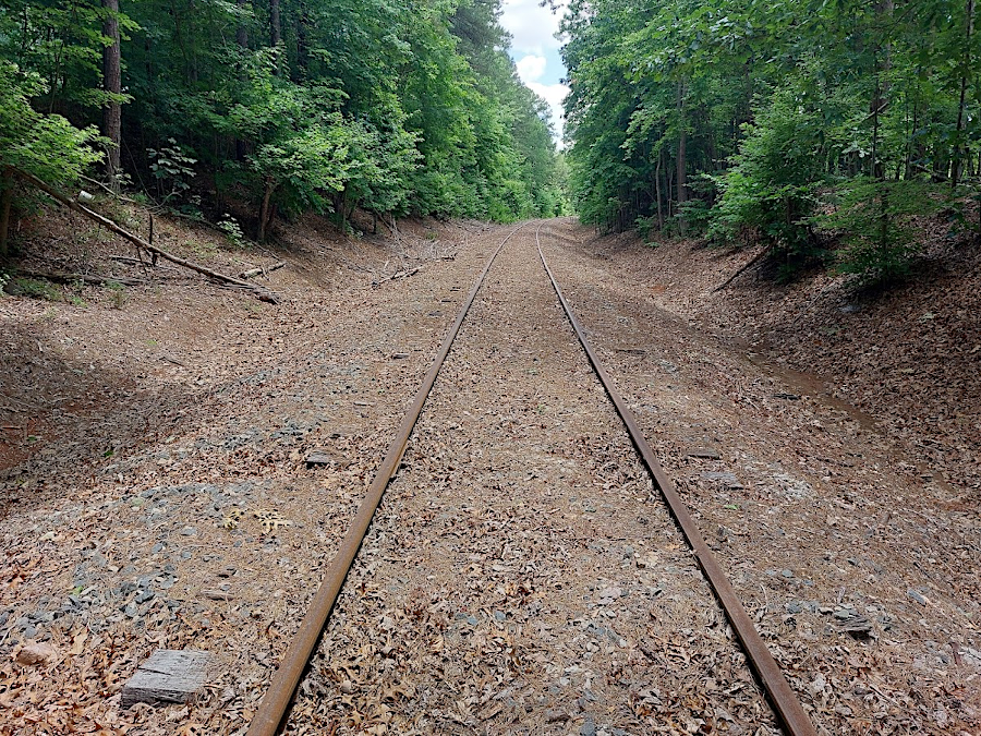 maintained track of the Virginia Southern Division of the Buckingham Branch Railroad, looking north towards Clarksville in 2022