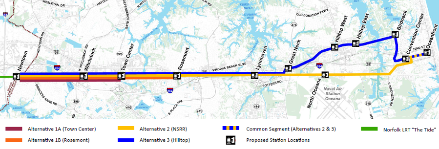 alternatives considered for the light rail extension from Norfolk into Virginia Beach included options beyond Town Center to the resort area at the Atlantic Ocean