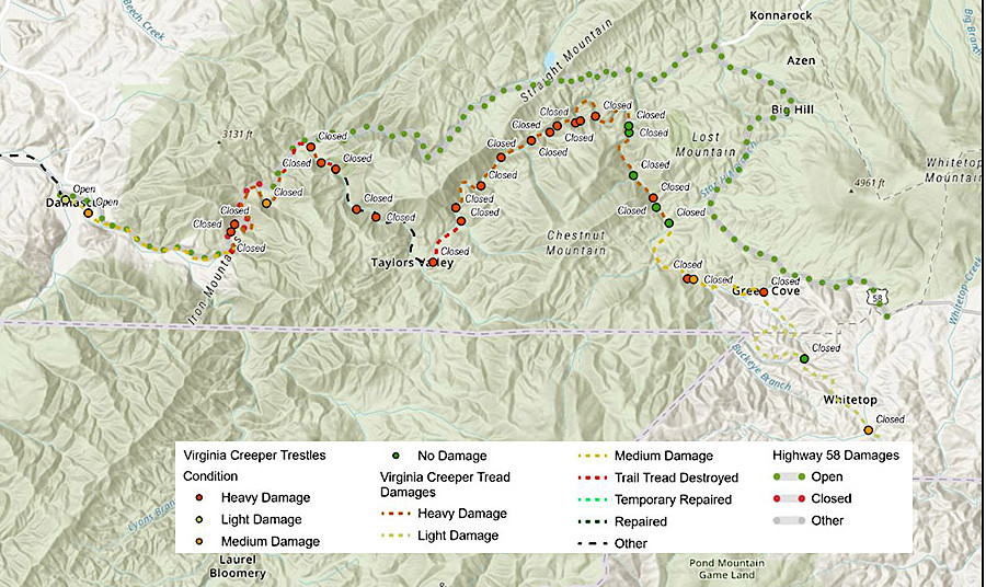 flooding triggered by heavy rainfall caused Whitetop Laurel Creek to erode sections of the roadbed of the Virginia Creeper Trail
