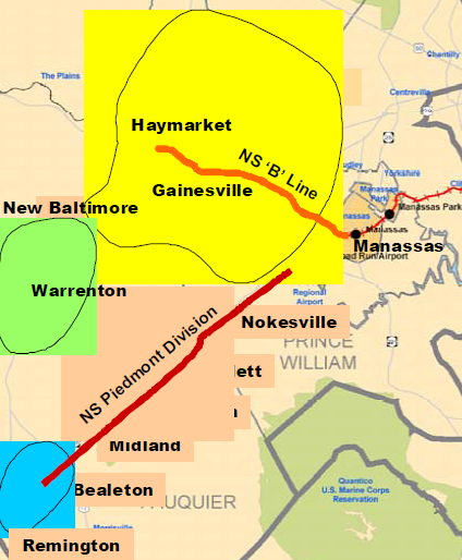 the now-cancelled Gainesville/Haymarket Extension planned to intercept commuters on Route 29 first at Gainesville/Haymarket in Prince William County, then at Remington in Fauquier County (once Fauquier joined PRTC)