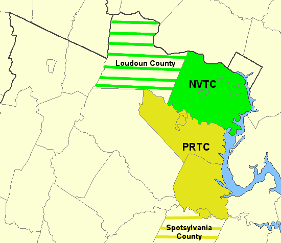 Loudoun County has joined NVTC (in green), and Spotsylvania County has joined PRTC (in yellow)