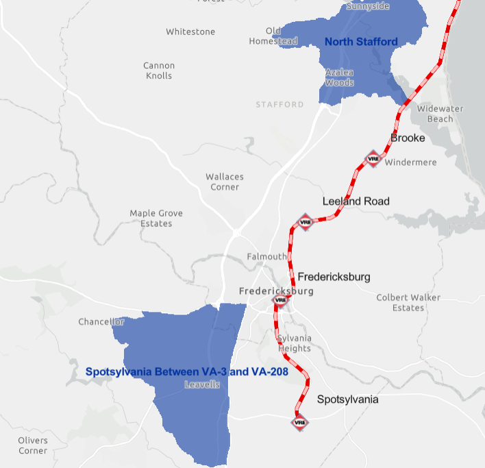 VRE antcipated recruiting new riders from targeted markets, including North Stafford - Spotsylvania Between VA-3 and VA-208 and Spotsylvania Between VA-3 and VA-208