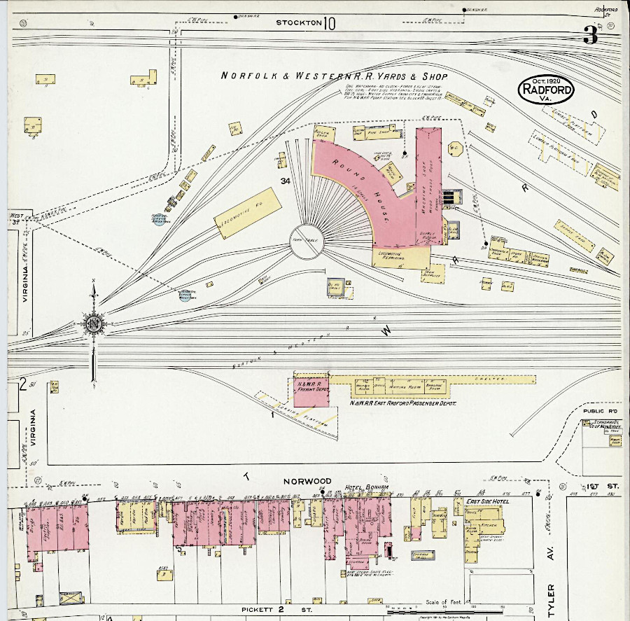 the site of the Norfolk and Western Railroad roundhouse in Radford is still part of the railyard