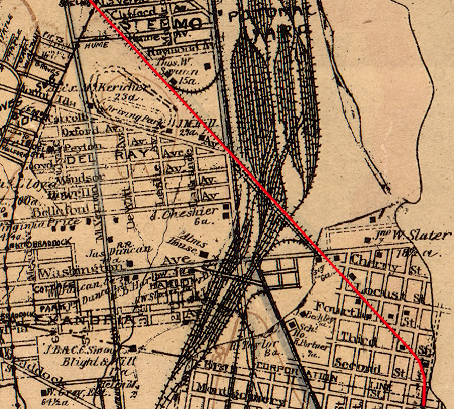 the Great Falls and Washington and Old Dominion Railroad (red) crossed Potomac Yard on a trestle, starting in 1906