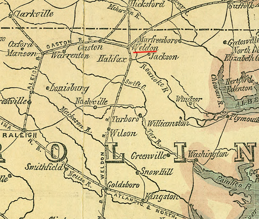 in 1861, the Seaboard and Roanoke Railroad connection to Weldon was key to getting traffic from the Piedmont to Portsmouth